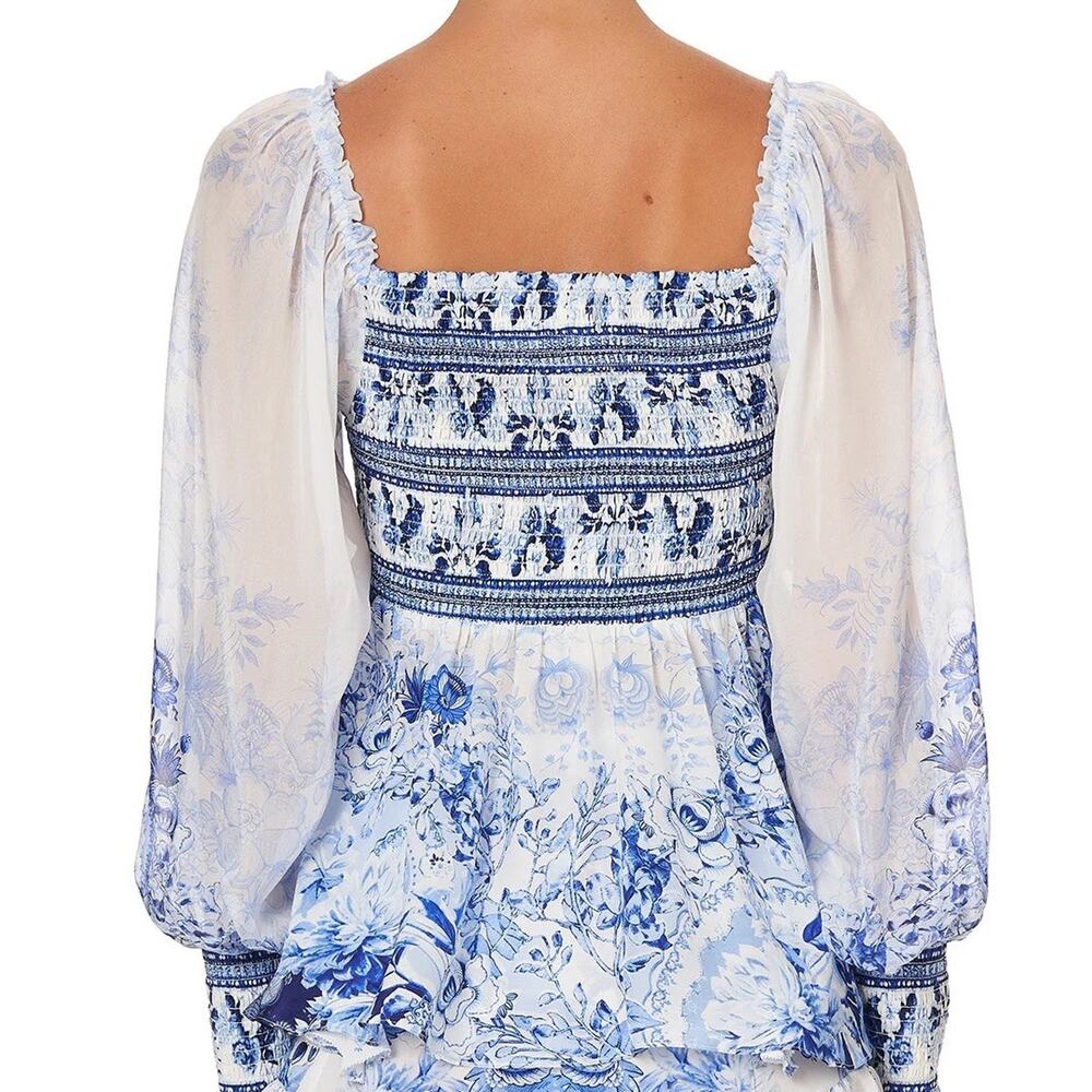 Camilla Silk Blouse Puff Sleeve Blue Floral Women’s Medium - Picture 4 of 10